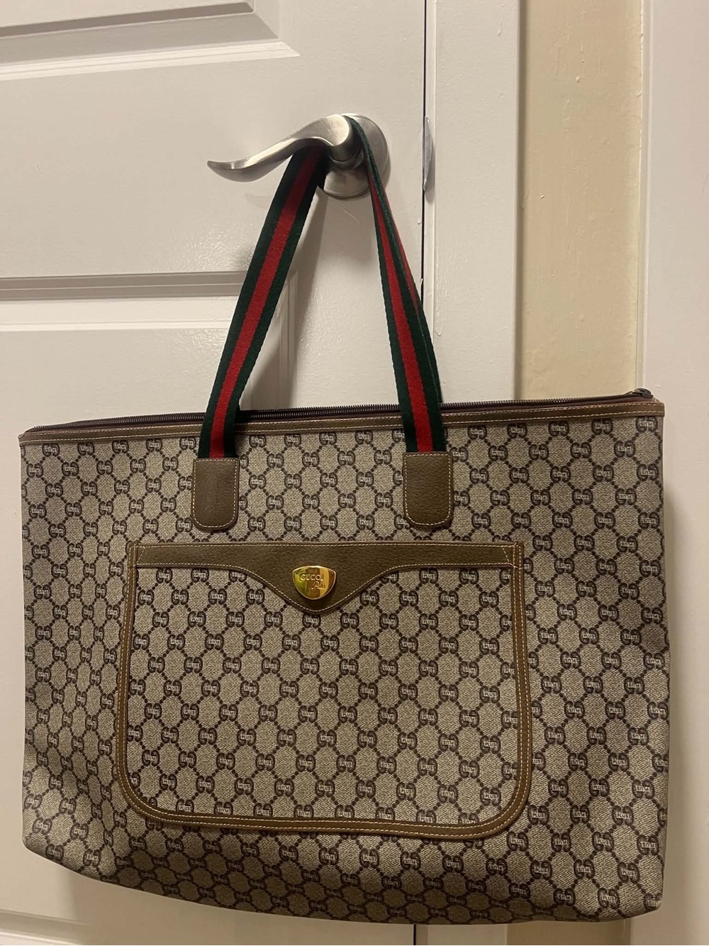“Pre-loved” Authentic Gucci Brown Monogram Canvas Tote with Red-Green Web Straps